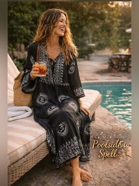 Rhea Oversized Boho Black & White Print Midi Dress Cover Up Relaxed Fit